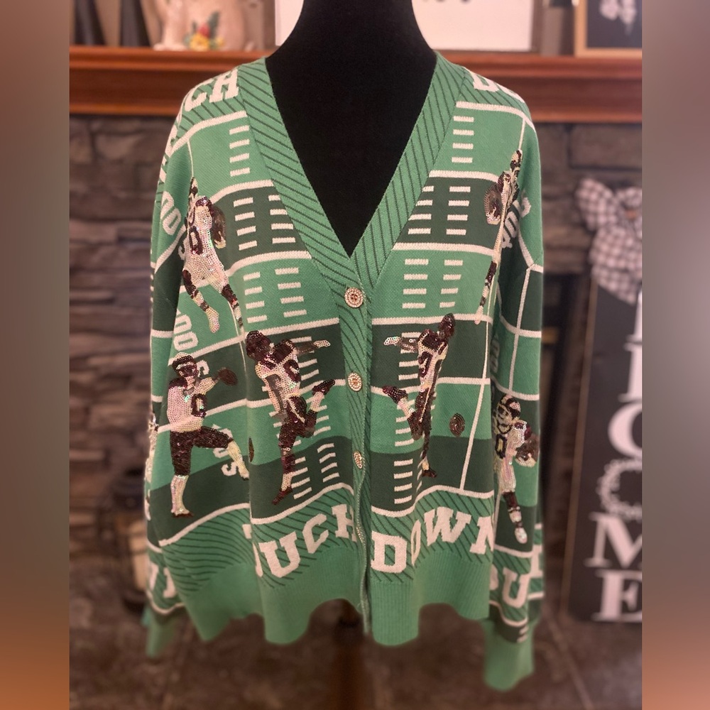 QUEEN OF SPARKLES Green Sequin Football Touchdown Cardigan - Picture 2 of 16